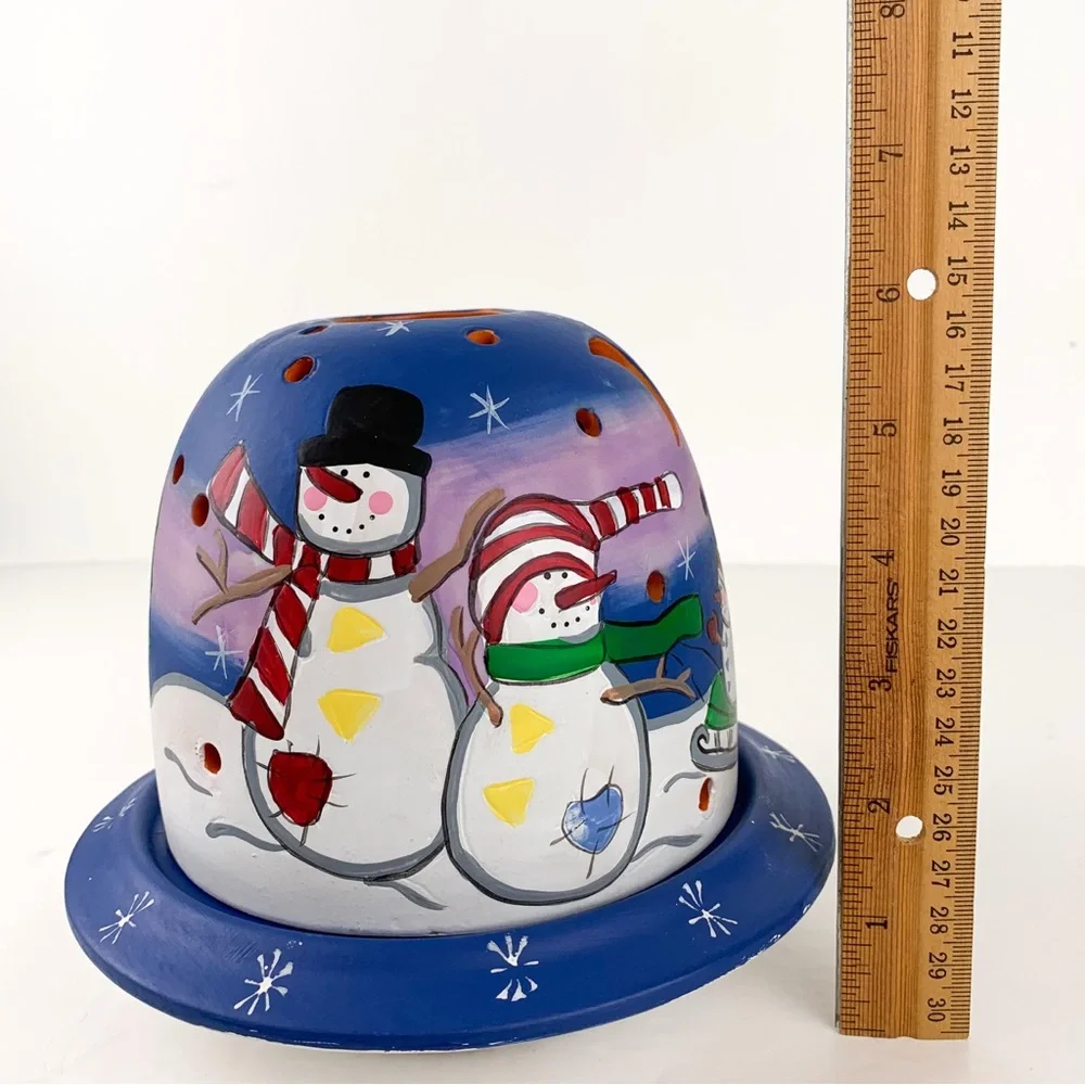 Vintage candle holder snowman Christmas ceramic dome tea light holder w/ cutouts